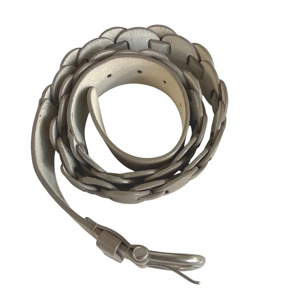 Vintage Wide Genuine‎ Leather Disc Link Belt Taupe Silver Buckle Boho Belt